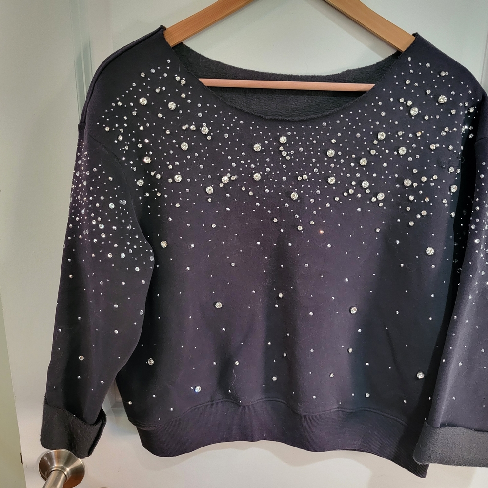 All Saints Black Crew Neck Sweater with Rhinestone Accents S